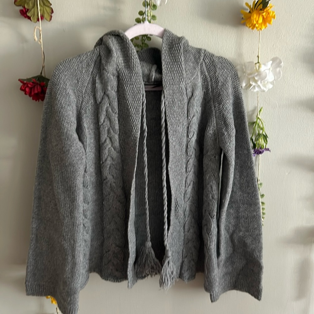 Zara TRF Knitwear Hooded Cable Knit Sweater Jacket with Pom Poms